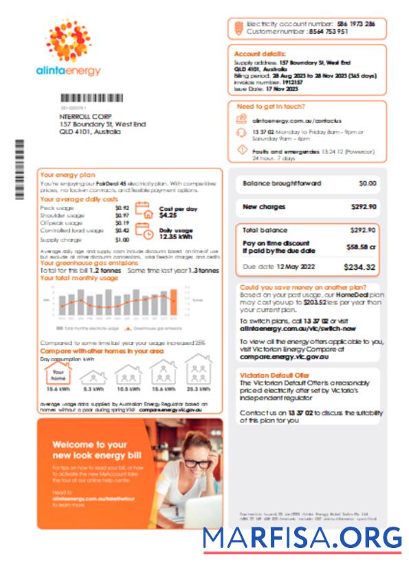 Downloadable Alinta energy electricity utility business bill, page 1, SCR example